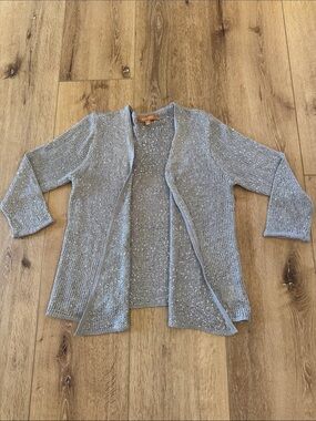 Ellen Tracy | Silver/Sequin Open-Front Knit Cardigan | 3/4 sleeve | size S